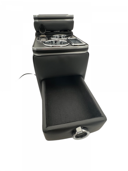 Chrom Edition Staufach Mittelkonsole Ablage für VW T5 GP (Facelift) 10-15 mit RGB Farbwechsel-LED Beleuchtung, USB und Induktions-Ladestation