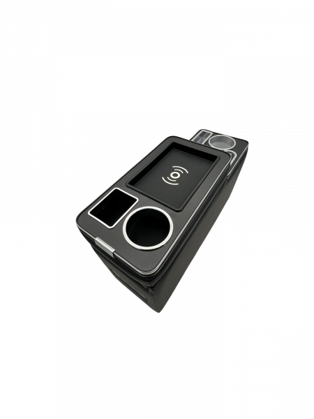 Chrom Edition Staufach Mittelkonsole Ablage für VW T5 GP (Facelift) 10-15 mit RGB Farbwechsel-LED Beleuchtung, USB und Induktions-Ladestation