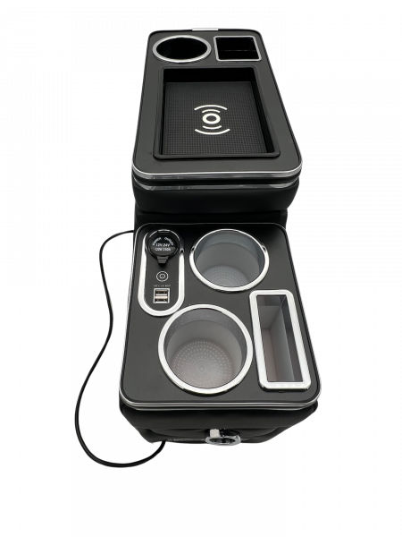 Chrom Edition Staufach Mittelkonsole Ablage für VW T5 GP (Facelift) 10-15 mit RGB Farbwechsel-LED Beleuchtung, USB und Induktions-Ladestation
