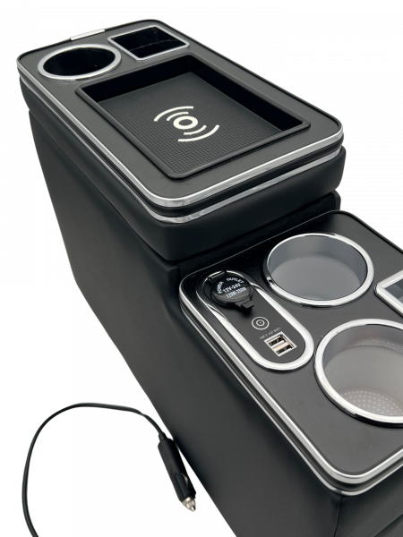 Chrom Edition Staufach Mittelkonsole Ablage für VW T3, T4, T5, T6, T6.1 und T7 mit RGB Farbwechsel-LED Beleuchtung, USB und Induktions-Ladestation