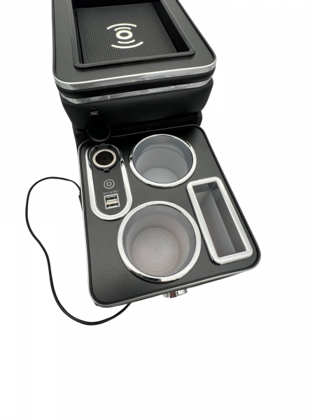 Chrom Edition Staufach Mittelkonsole Ablage für VW T5 03-09 mit RGB Farbwechsel-LED Beleuchtung, USB und Induktions-Ladestation