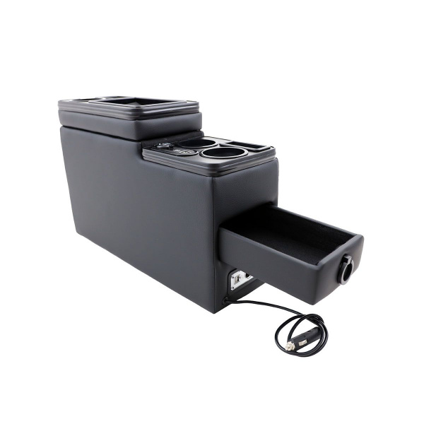 Black Edition Staufach Mittelkonsole Ablage für Citroen Jumpy 95-00 mit RGB Farbwechsel-LED Beleuchtung, USB und Induktions-Ladestation
