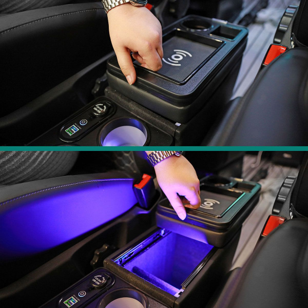 Black Edition Staufach Mittelkonsole Ablage für Citroen Jumpy 95-00 mit RGB Farbwechsel-LED Beleuchtung, USB und Induktions-Ladestation