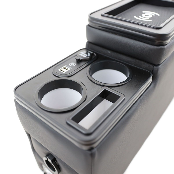Black Edition Staufach Mittelkonsole Ablage für Citroen Jumpy 95-00 mit RGB Farbwechsel-LED Beleuchtung, USB und Induktions-Ladestation