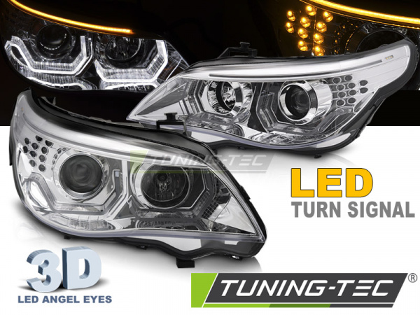 3D LED Angel Eyes Scheinwerfer für BMW 5er E60 / E61 03-07 chrom mit LED Blinker
