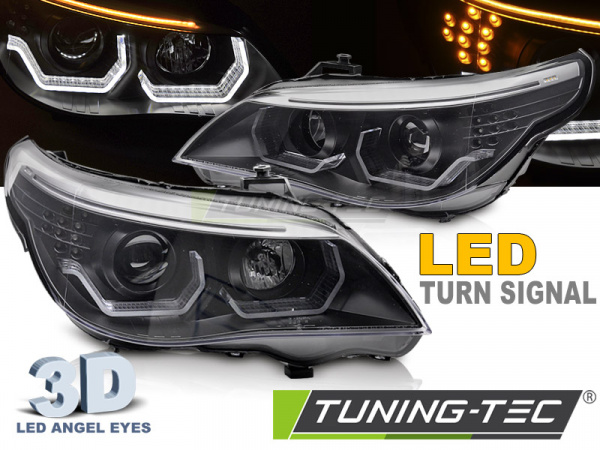 3D LED Angel Eyes Scheinwerfer für BMW 5er E60 / E61 03-07 schwarz mit LED Blinker