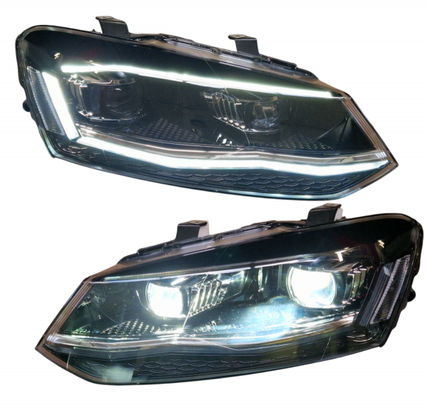 VOLL LED Upgrade Tagfahrlicht Scheinwerfer Set für VW Polo 6R / 6C 09-17 schwarz/chrom mit dyn. Blinker