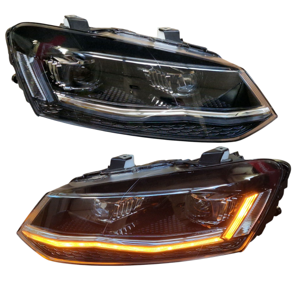 VOLL LED Upgrade Tagfahrlicht Scheinwerfer Set für VW Polo 6R / 6C 09-17 schwarz/chrom mit dyn. Blinker