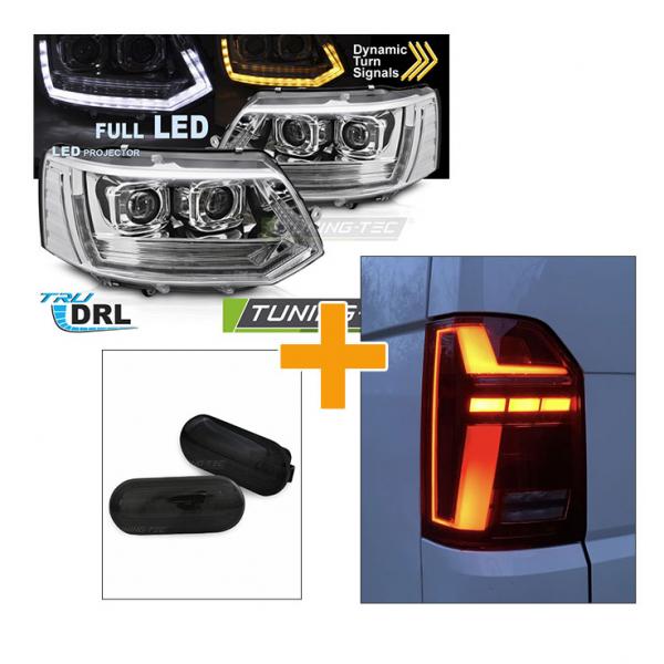 Sparpaket - VOLL LED Tagfahrlicht Scheinwerfer Set für VW T5 GP (Facelift) 10-15 chrom mit dynamischem LED Blinker + Voll LED Lightbar Design Rückleuchten rot/rauch mit dynamischen Blinker + LED Seitenblinker für VW T5 GP (Facelift) 9-15