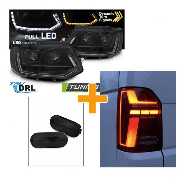 Sparpaket - VOLL LED Tagfahrlicht Scheinwerfer Set für VW T5 GP (Facelift) 10-15 schwarz mit dynamischem LED Blinker + Voll LED Lightbar Design Rückleuchten rot/rauch mit dynamischen Blinker + LED Seitenblinker für VW T5 GP (Facelift) 9-15