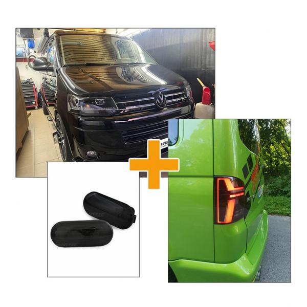 Sparpaket - Upgrade Design Voll LED "Specialized" Tagfahrlicht Scheinwerfer schwarz ohne Dynamik und ohne Welcome-Funktion! + Voll LED Lightbar Design Rückleuchten schwarz/rauch mit dynamischen Blinker + LED Seitenblinker für VW T5 GP (Facelift) 9-15