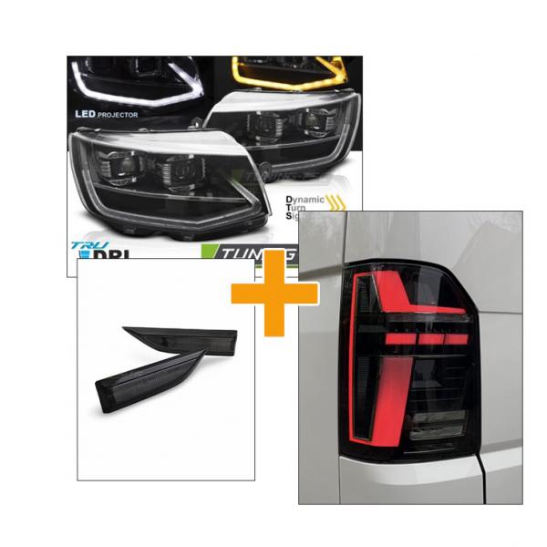 Sparpaket - Voll LED Tagfahrlicht Scheinwerfer Set für VW T6 15-19 schwarz mit statischen LED Blinker + Voll LED Rückleuchten schwarz mit sequentiellen Start Laufblinker + LED Seitenblinker