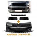 Paket-Upgrade Design Kühlergrill Schwarz clean ohne Emblem + Set Gitter Grill Einsatz Stoßstange vorne unten Hochglanz für Volkswagen T6 15-19 - auch Sportline