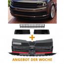 Paket-Upgrade Design Kühlergrill schwarz mit roter Leiste und Emblemhalter + Set Gitter Grill Einsatz Stoßstange vorne unten Hochglanz passend für Volkswagen T6 15-19