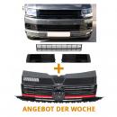 Paket-Upgrade Design Kühlergrill schwarz mit roter Leiste und Emblemhalter + Set Gitter Grill Einsatz Stoßstange vorne unten Hochglanz passend für Volkswagen T6 15-19